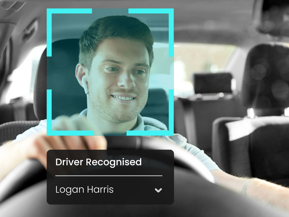 Driver identity verification example: A male driver's face framed by a blue AI detection square, featuring an identification nameplate below.