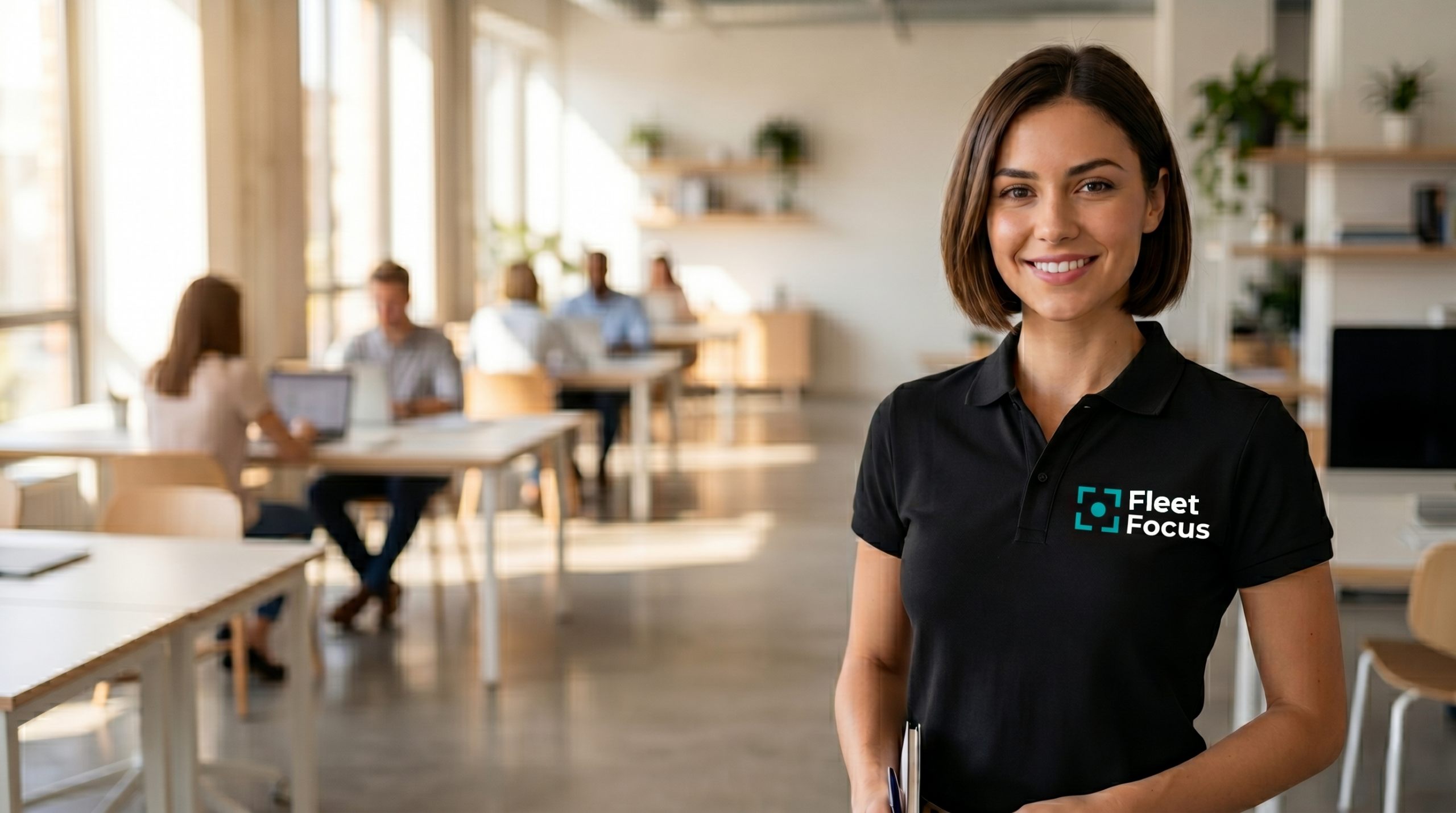 Woman standing in a modern office.