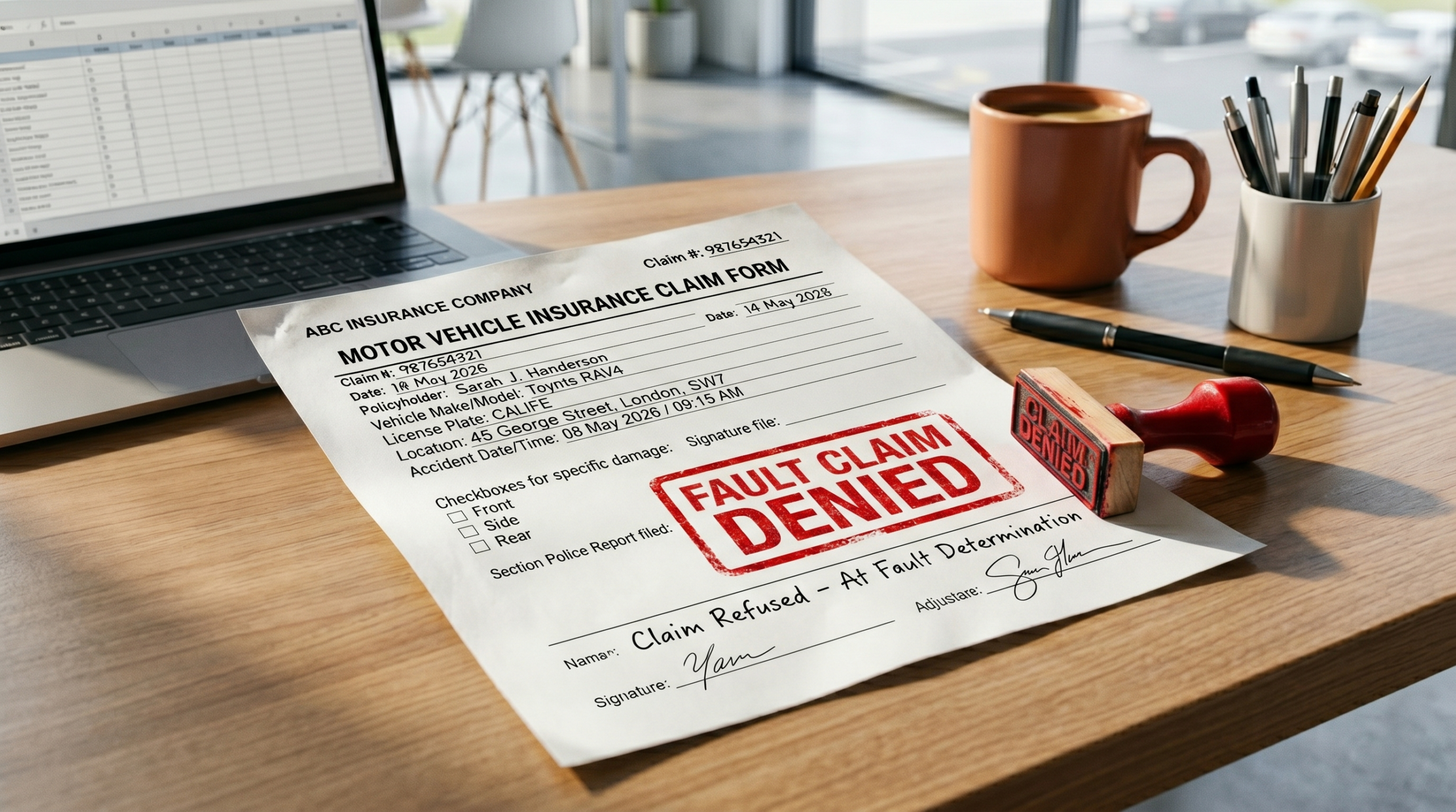Insurance claim document with a red rubber stamp saying Fault Claim Denied.