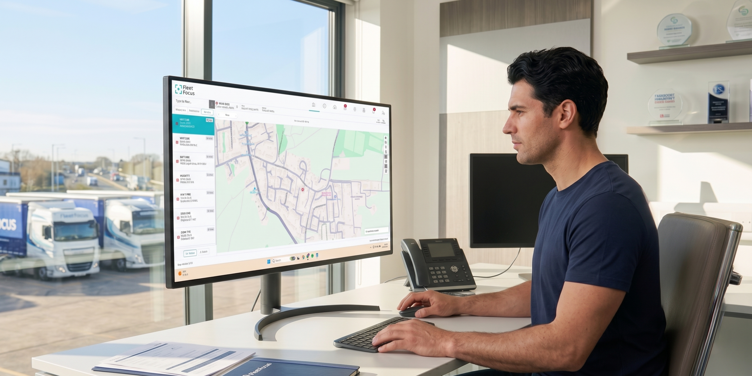 Man sitting at a desk in a modern office.