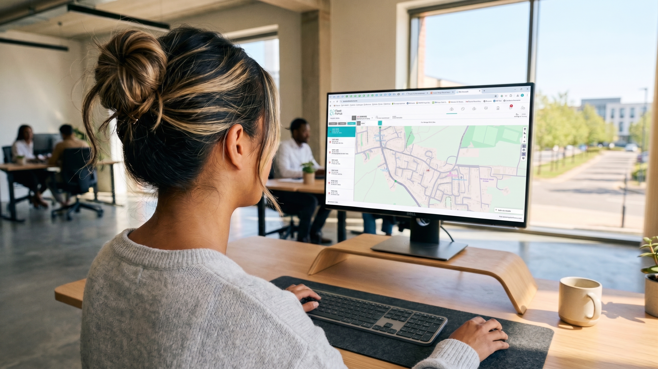 A woman monitors her fleet's progress using the Fleet Focus interactive tracking interface.