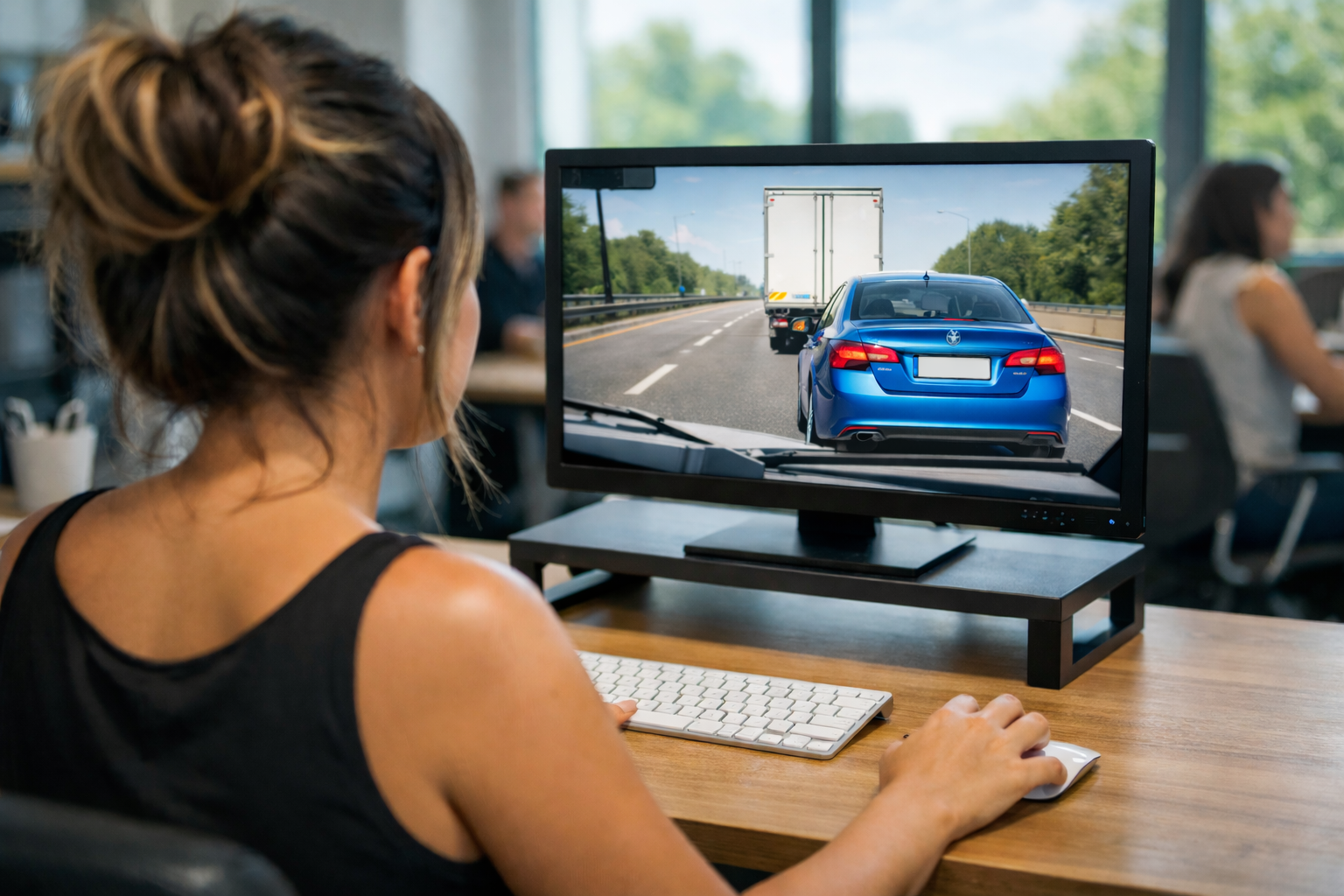 Woman in an office viewing vehicle camera footage on her computer