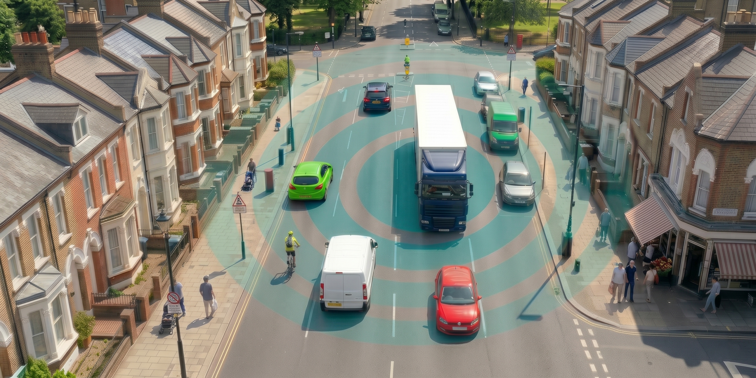 Busy city centre road with cars and a truck with circles indicating the area covered by the Fleet Focus camera system