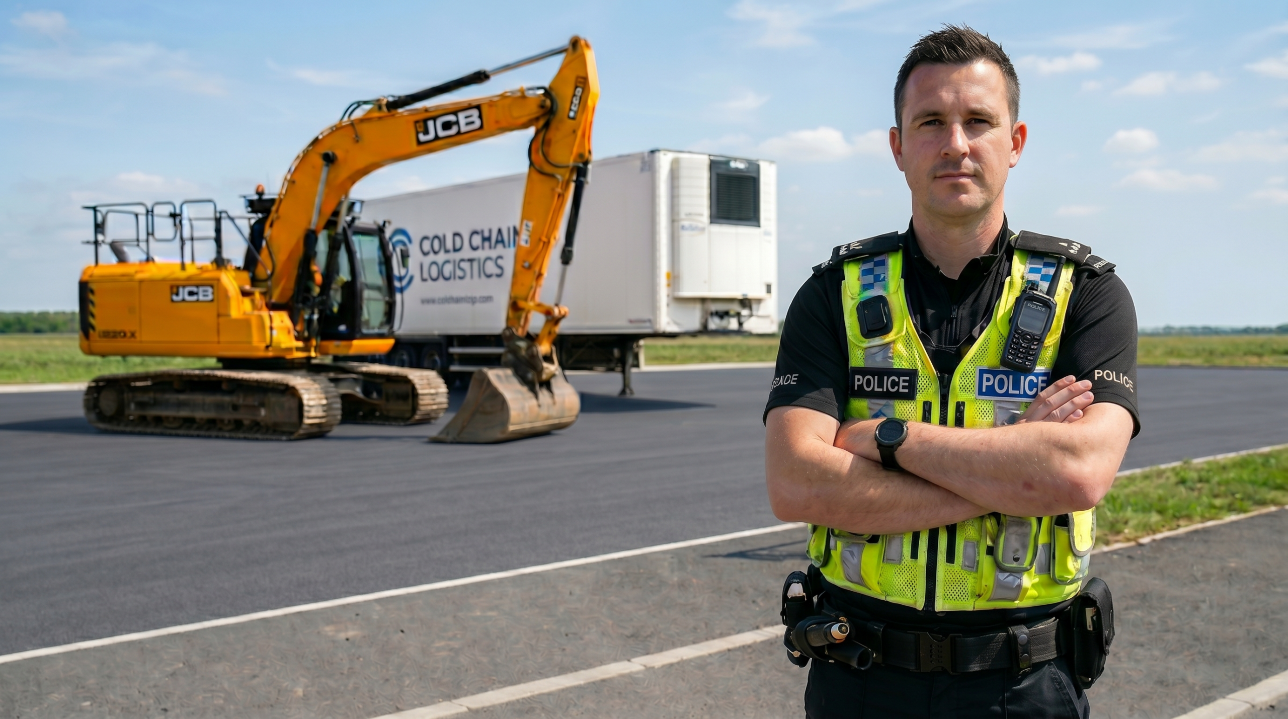 A police officer stands in the foreground of a depot, with an HGV trailer and various pieces of plant machinery positioned behind him.