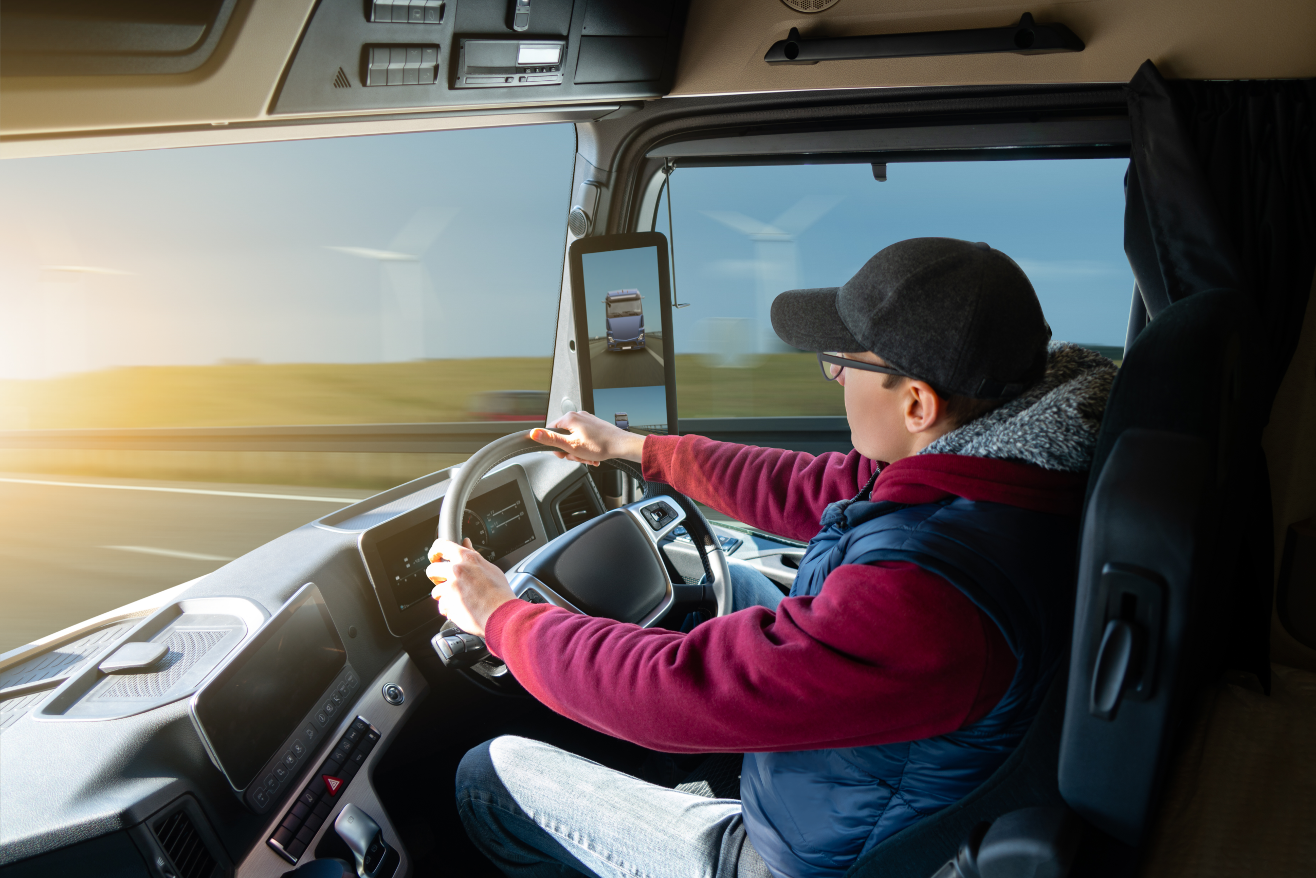 A commercial driver operates a heavy-duty vehicle under clear, sunny skies.